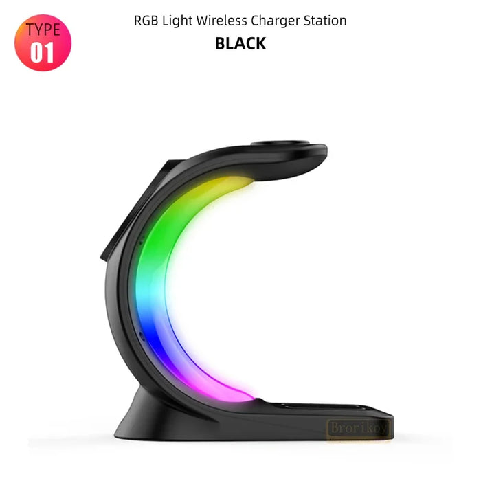 3 in 1 Magnetic Wireless Fast Charging Dock Station With RGB Night Light for iPhones, Apple Watches, and AirPods On Sale