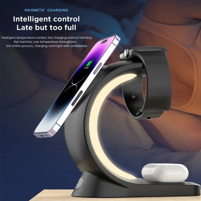 3 in 1 Magnetic Wireless Fast Charging Dock Station With RGB Night Light for iPhones, Apple Watches, and AirPods On Sale