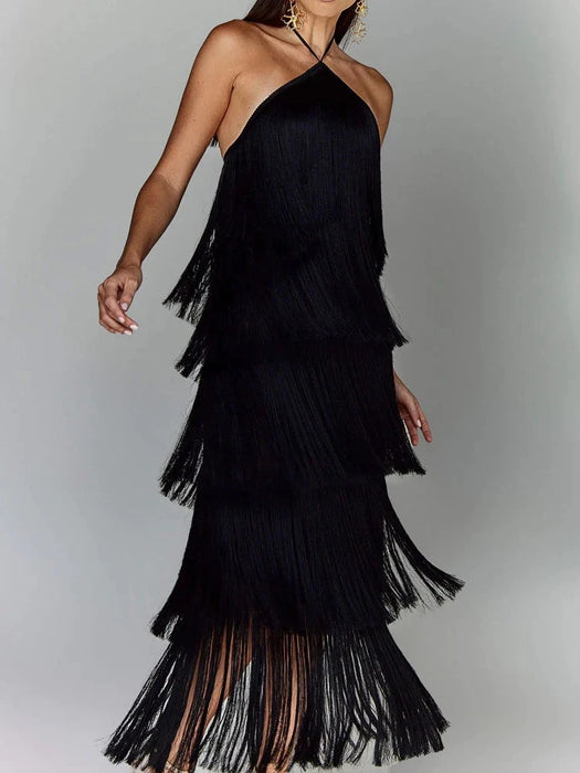 Metallic Black Halter Neckline Sequin Tassel Fringe Layered Long Dresses On Sale