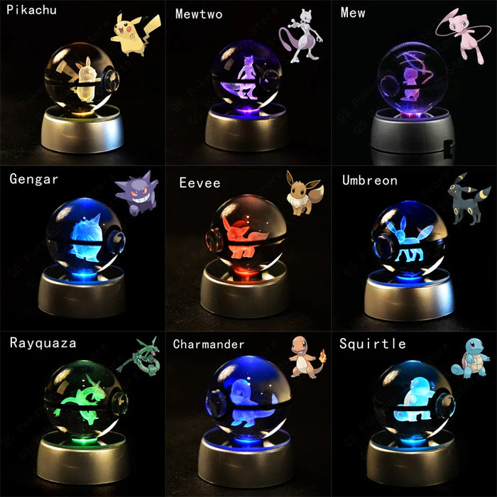 3D Crystal Glass Poke Ball Night Lights Collection Contained Inside Pokemon Characters On Sale