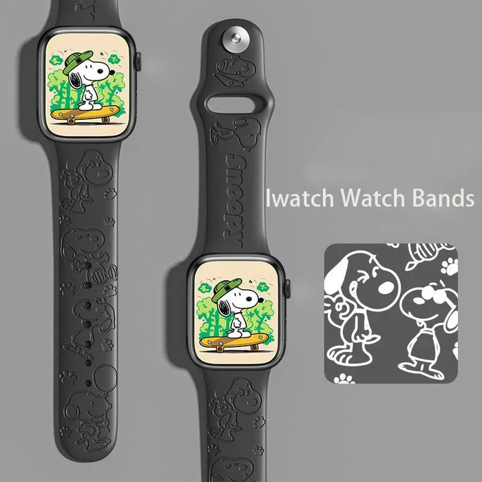 Snoopy Friends Theme Design Black Silicone Apple Watch Band 49mm, 41mm, 45mm, 44mm, 42mm, 40mm, 38mm On Sale