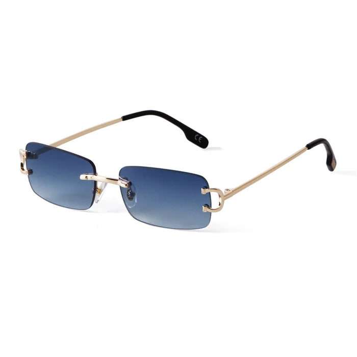 Classic Rectangular Rimless Sunglasses On Sale - Gold Double Blue