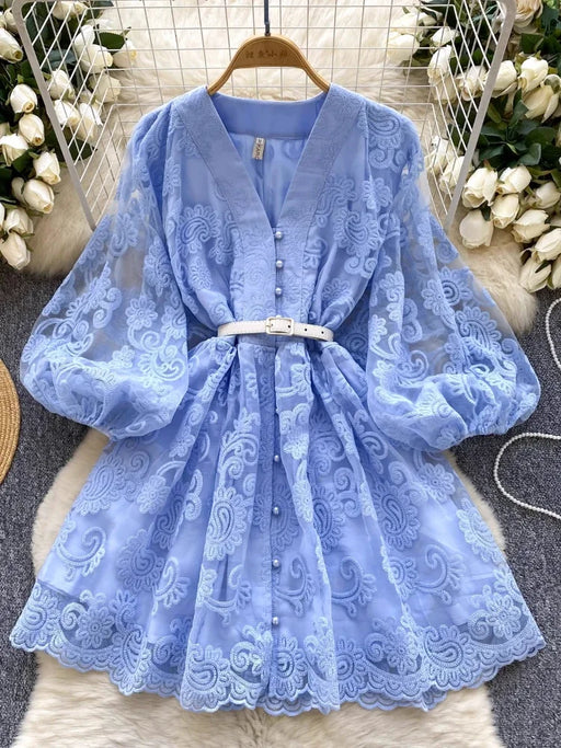 Blue Elegant Vintage French Embroidery Lace Style Long Lantern Sleeves Shirt Dress On Sale