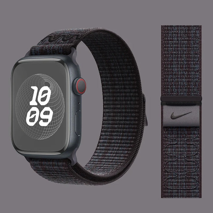 Black Blue NIKE Designs Nylon Sport Loop Watch Straps Collection For Apple Watch 38mm, 40mm, 41mm, 42mm, 44 mm, 45mm, 46mm, 49mm On Sale