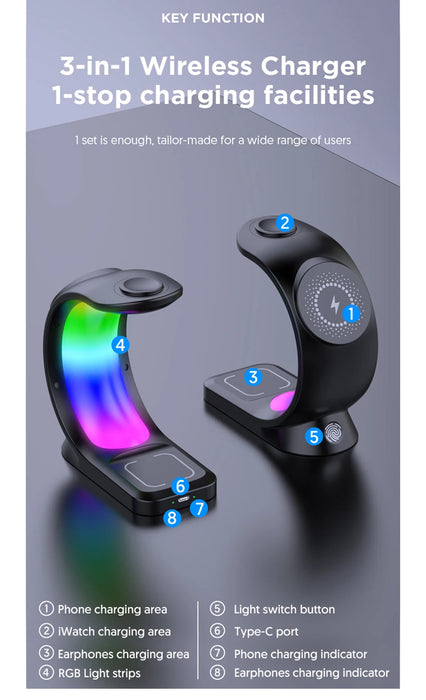 3 in 1 Magnetic Wireless Fast Charging Dock Station With RGB Night Light for iPhones, Apple Watches, and AirPods On Sale