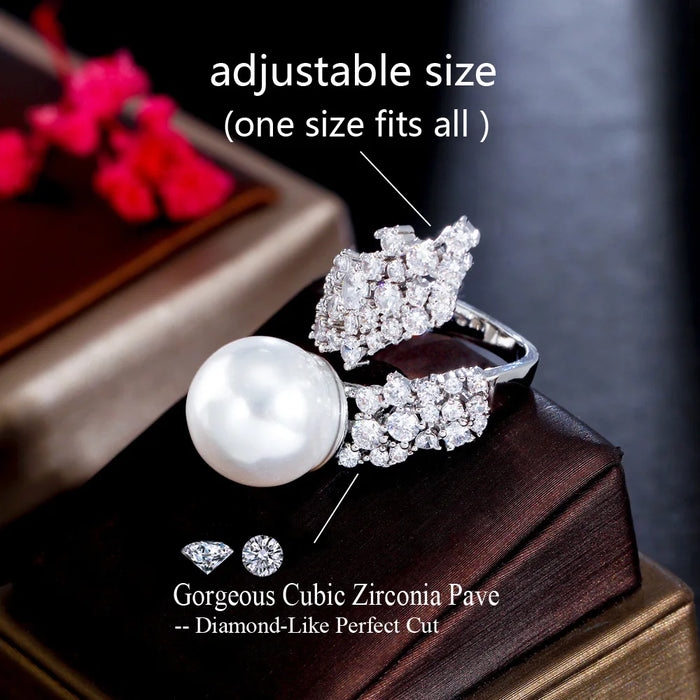 Exquisite Pearl Cubic Zircon White Gold Plated Adjustable Ring on Sale