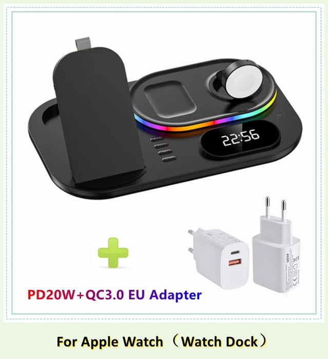 4 in 1 Wireless Fast Qi Charging Dock Station With LED Night Light And Time Display On Sale