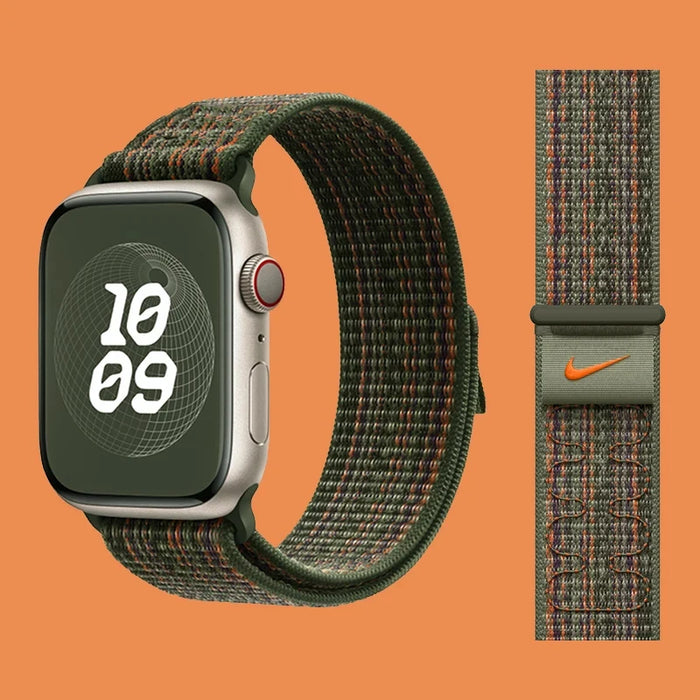 Sequoia Orange NIKE Designs Nylon Sport Loop Watch Straps Collection For Apple Watch 38mm, 40mm, 41mm, 42mm, 44 mm, 45mm, 46mm, 49mm On Sale
