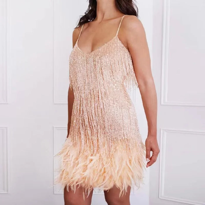 Champagne Spaghetti Strap Tassel Sequins Feather Fringe Mini Dress On Sale