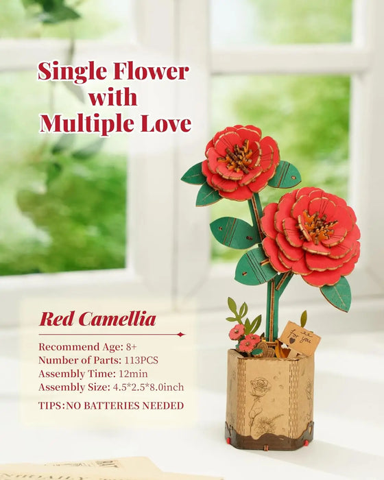 Red Camellia Eternal Flowers Bouquet Collection 3D Wooden Puzzle Model Kits On Sale