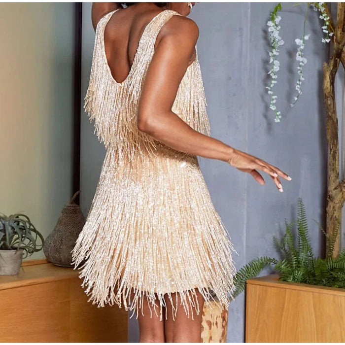 Champagne Spaghetti Strap Tassel Sequins Feather Fringe Mini Dress On Sale