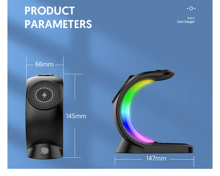 3 in 1 Magnetic Wireless Fast Charging Dock Station With RGB Night Light for iPhones, Apple Watches, and AirPods On Sale