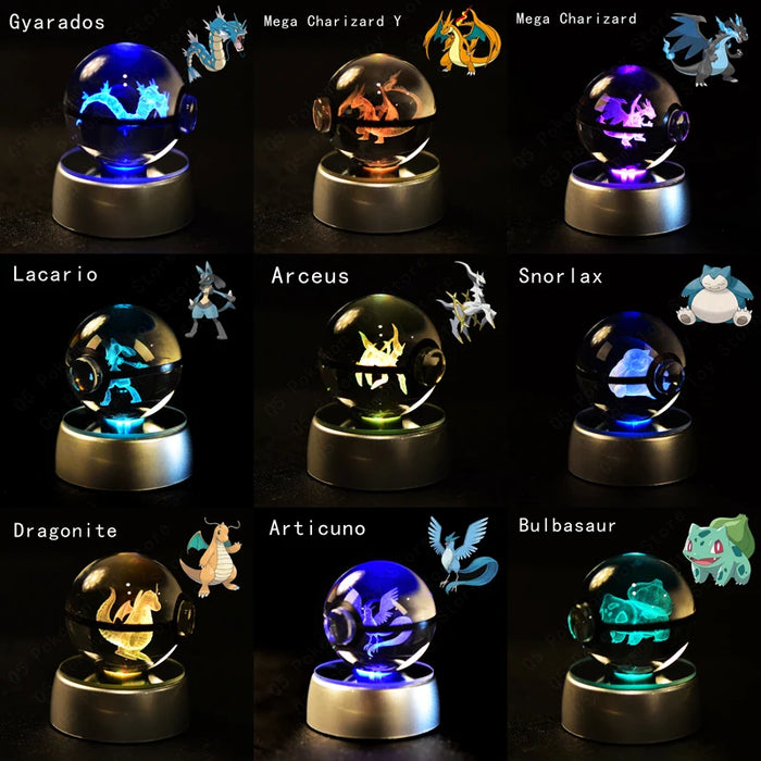 3D Crystal Glass Poke Ball Night Lights Collection Contained Inside Pokemon Characters On Sale