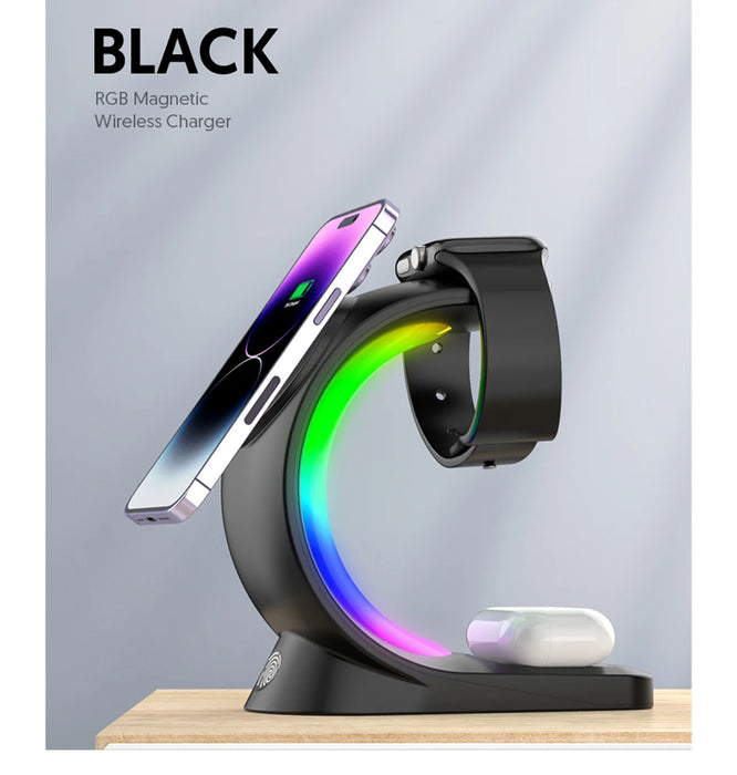 3 in 1 Magnetic Wireless Fast Charging Dock Station With RGB Night Light for iPhones, Apple Watches, and AirPods On Sale