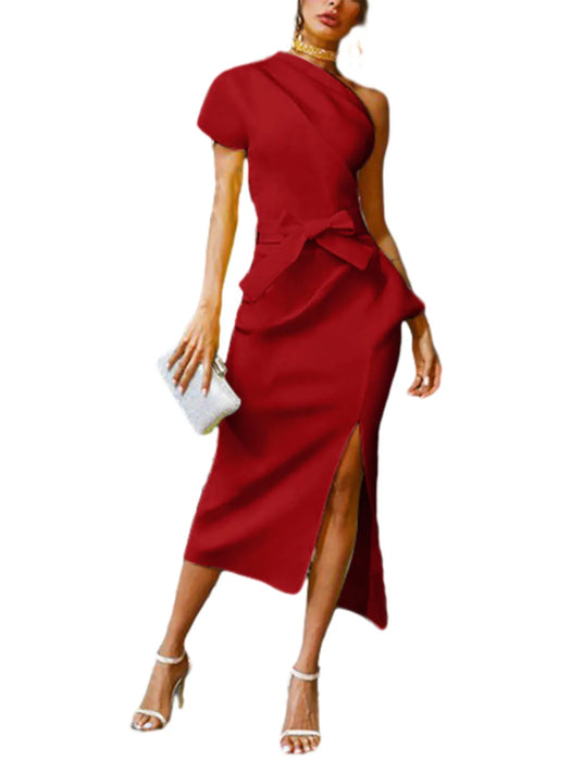 Sexy Red Asymmetric One Shoulder Cocktail Party Ruched Dress On Sale