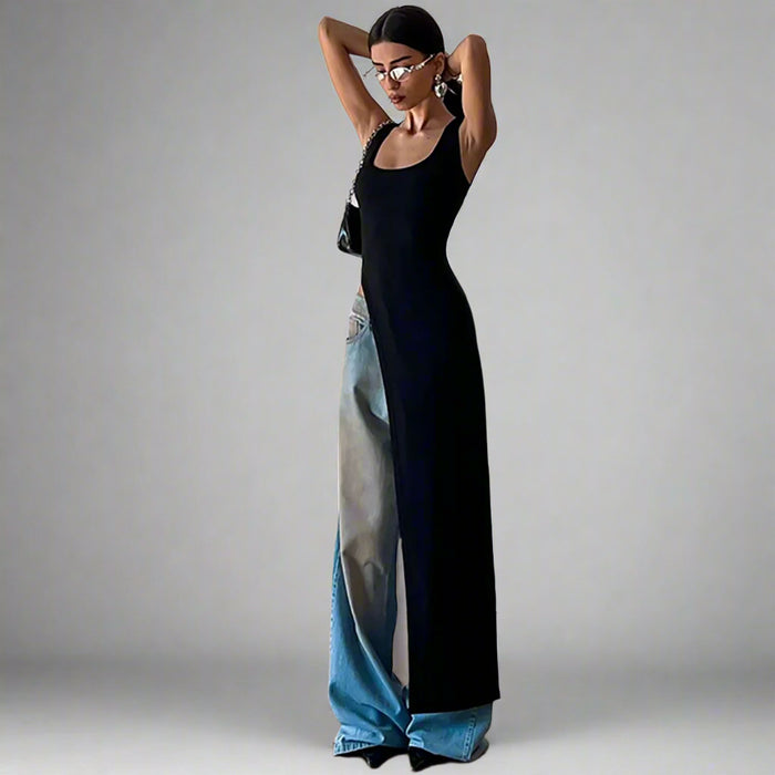 Women's Fitted Maxi High Side Slit Scoop Neck Tank Black Long Dress On Sale