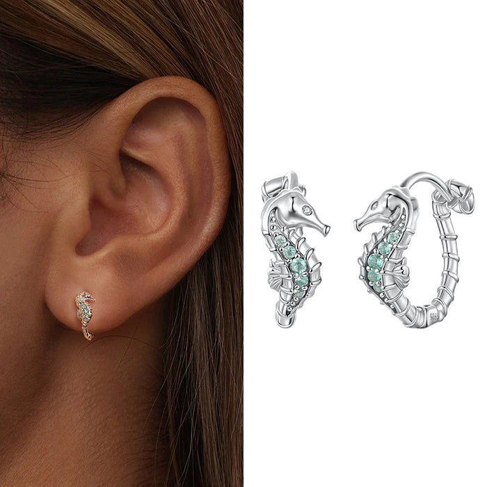 925 Sterling Silver Ocean Marine Life Theme Seahorse Hoop Earrings Collection On Sale