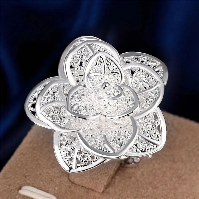 925 Sterling Silver 18k Gold Plated Three-Tiered Flower Blossom Charm Ring On Sale