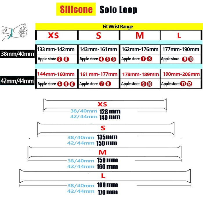 Size Chart: Solo Loop Silicone Watch Band For Apple Watch