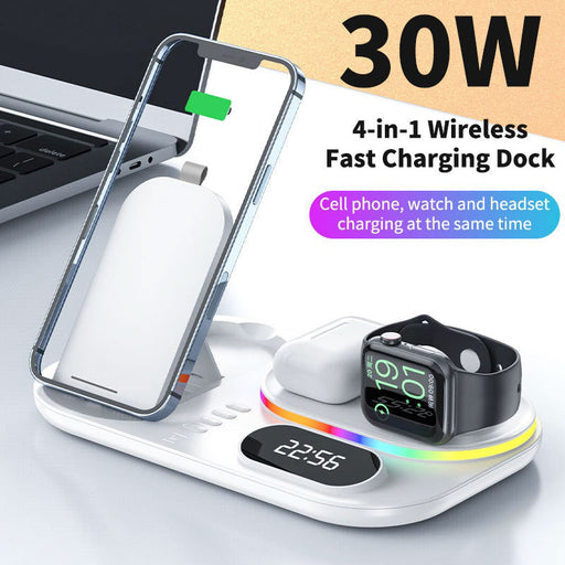 4 in 1 Wireless Fast Qi Charging Dock Station With LED Night Light And Time Display On Sale