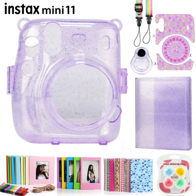 Fujifilm Instax Mini 11 Camera Glitter Purple Clear Case Accessories Gift Set On Sale