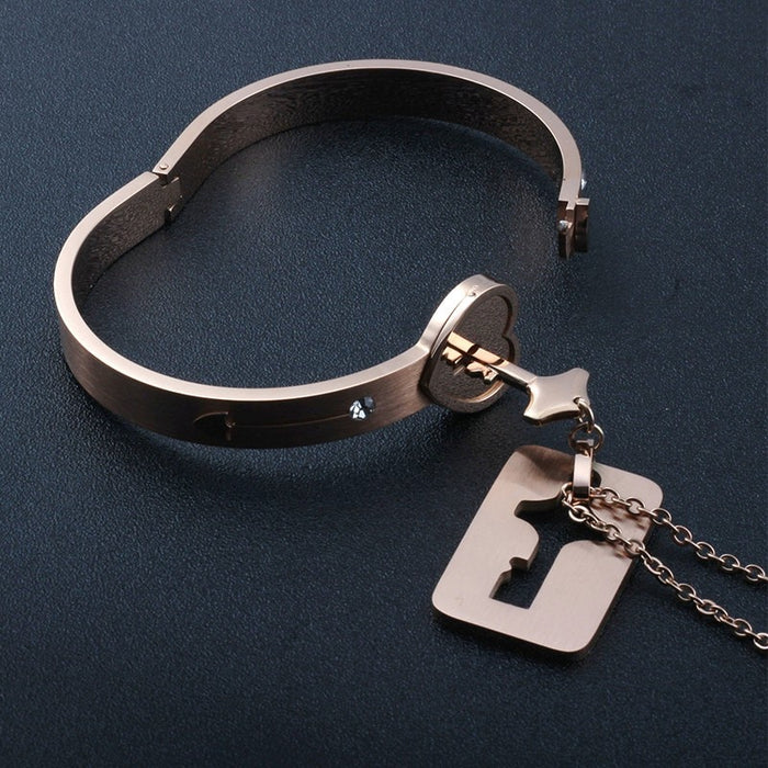 Concentric Lock Key Stainless Steel Couple Bracelet and Necklace Sets On Sale