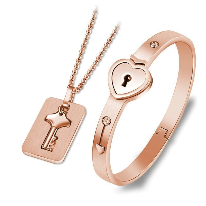 Concentric Lock Key Stainless Steel Couple Heart Bracelet and Necklace Sets On Sale