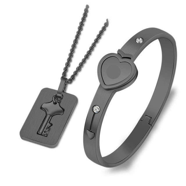 Black Concentric Lock Key Stainless Steel Couple Bracelet and Necklace Sets On Sale