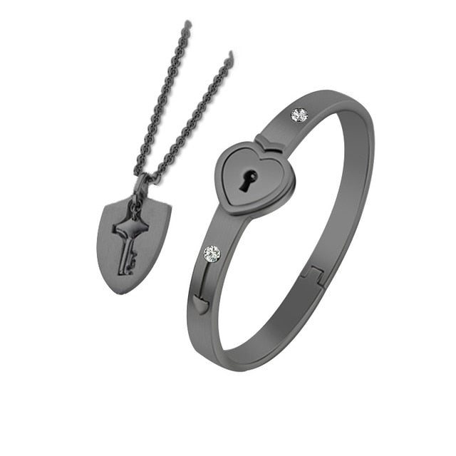 Black Concentric Lock Key Stainless Steel Couple Heart Bracelet and Necklace Sets On Sale