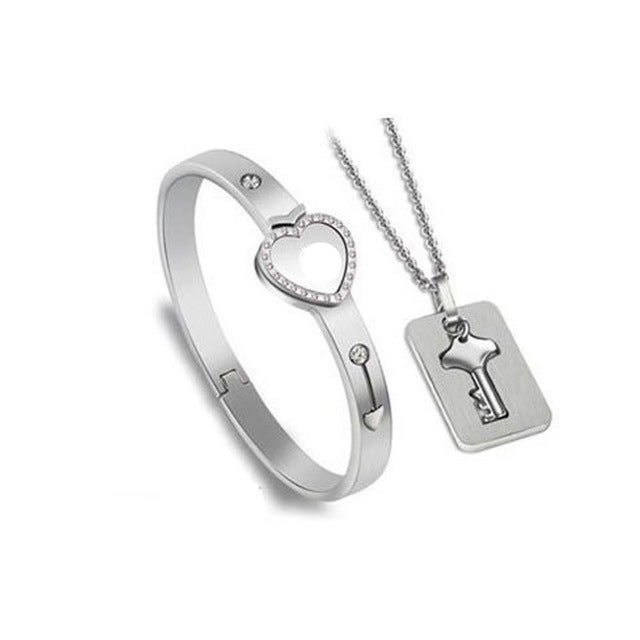 Silver Concentric Lock Key Stainless Steel Couple Bracelet and Necklace Sets On Sale