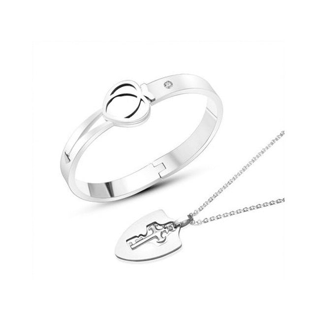 Concentric Lock Key Stainless Steel Couple Bracelet and Necklace Sets On Sale