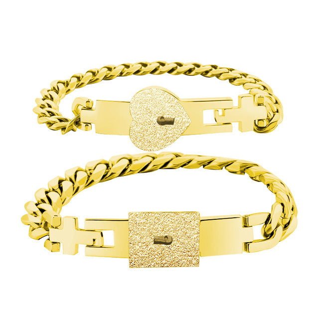 1 Pair Heart and Square Concentric Lock Key Titanium Steel Couple Chain Bracelet On Sale (Gold)