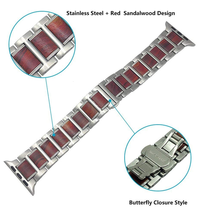 Top 316L Stainless Steel Metal And Natural Red Sandalwood Watch Band For Apple Watch Series On Sale