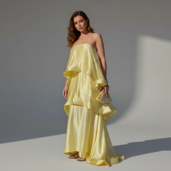Chic Layered Ruffle Tiered Yellow Dress On Sale