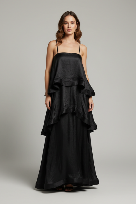 Chic Layered Ruffle Tiered Black Dress On Sale