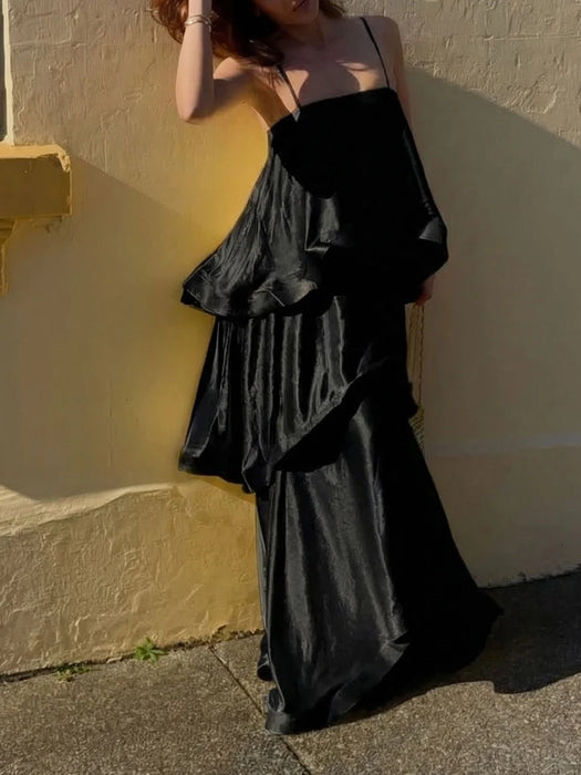 Chic Layered Ruffle Tiered Black Dress On Sale