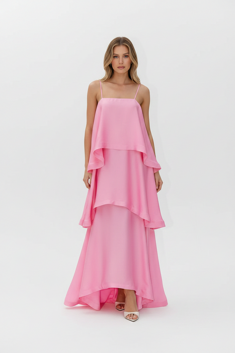 Chic Layered Ruffle Tiered Pink Dress On Sale