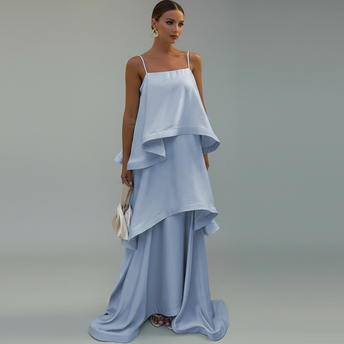 Chic Layered Ruffle Tiered Blue Dress On Sale