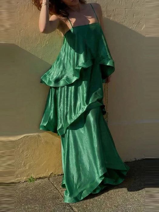Chic Layered Ruffle Tiered Green Dress On Sale