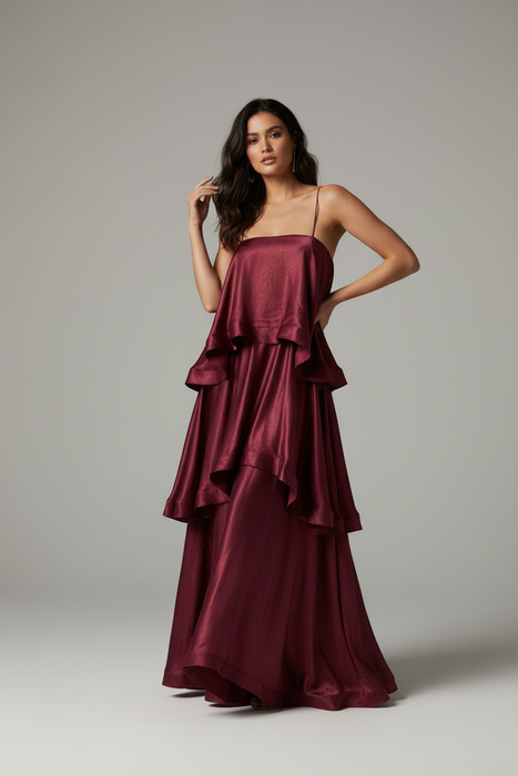 Chic Layered Ruffle Tiered Burgundy Dress On Sale