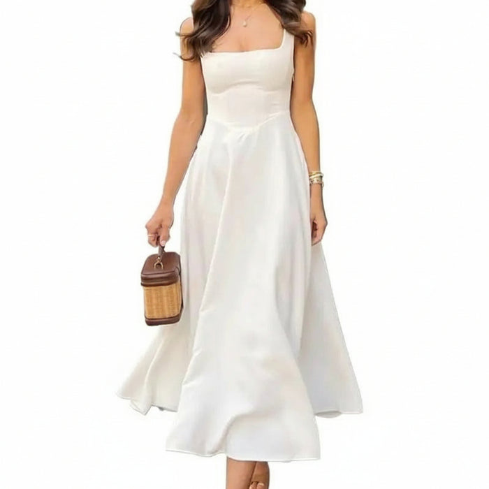 Elegant High-Waisted Squared Neckline Sleeveless A-line Sling Maxi White Dress On Sale