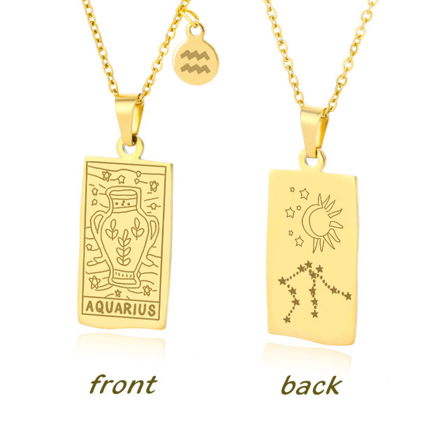 Gold Aquarius Zodiac Sign Stainless Steel Pendant Necklace – Tarot Card Style Constellation Necklace for Women On Sale