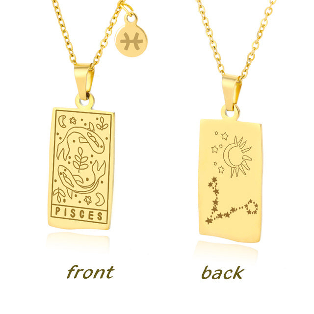 Gold Pisces Zodiac Sign Stainless Steel Pendant Necklace – Tarot Card Style Constellation Necklace for Women On Sale