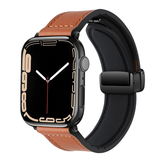 Brown Genuine Leather Magnetic Buckle Watch Band For Apple Watch Series On Sale