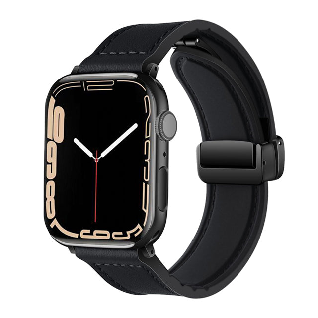 Black Genuine Leather Magnetic Buckle Watch Band For Apple Watch Series On Sale