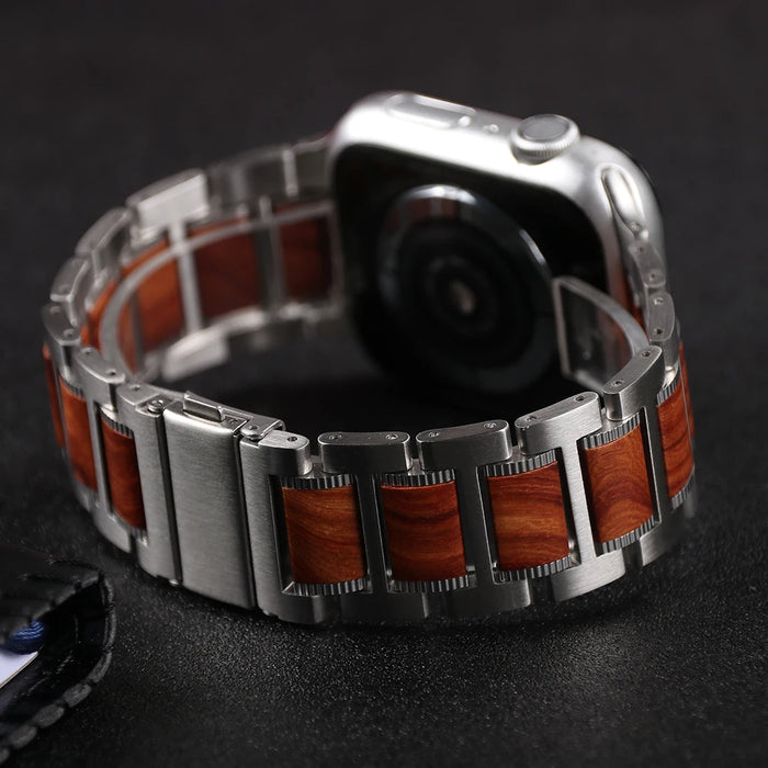 Top 316L Stainless Steel Metal And Natural Red Sandalwood Watch Band For Apple Watch Series On Sale