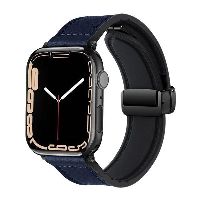 Blue Genuine Leather Magnetic Buckle Watch Band For Apple Watch Series On Sale
