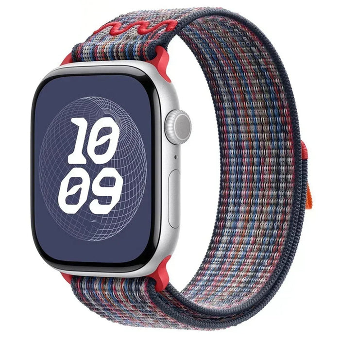 Blue With Red Nylon Sport Loop Watch Straps Collection For Apple Watch 38mm, 40mm, 41mm, 42mm, 44 mm, 45mm, 46mm, 49mm On Sale