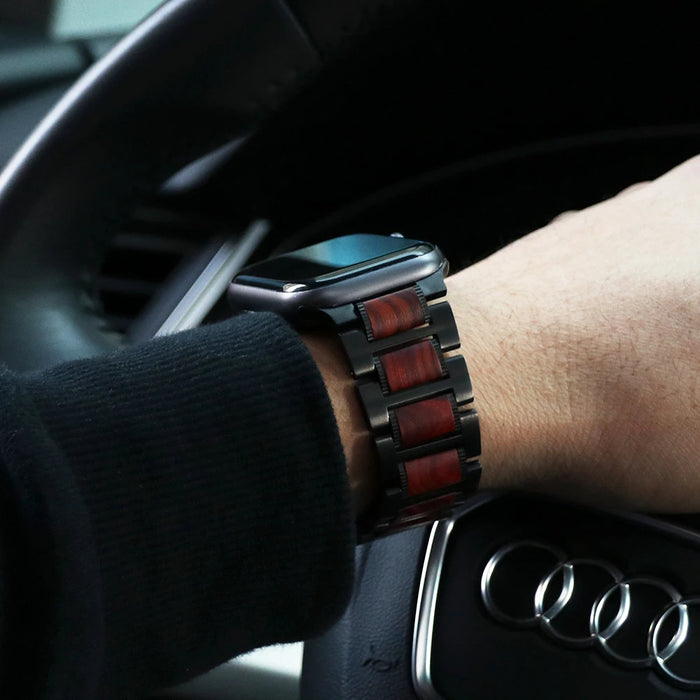 Top 316L Stainless Steel Metal And Natural Red Sandalwood Watch Band For Apple Watch Series On Sale