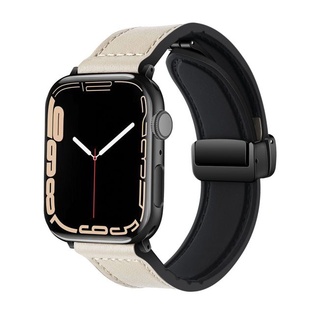 Beige Genuine Leather Magnetic Buckle Watch Band For Apple Watch Series On Sale
